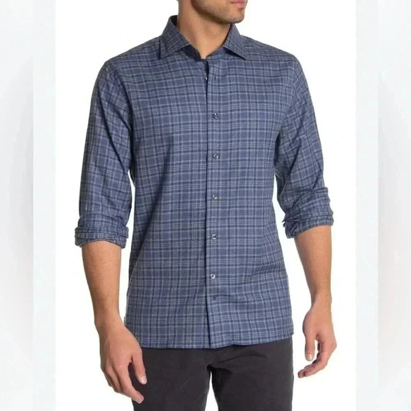 Hickey Freeman Flannel Sport Shirt, NWT - Mens Small- Blue Plaid - Picture 1 of 12